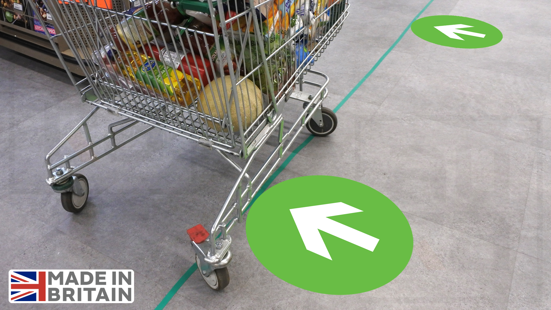 Flow system arrow covid19 safety floor decals for supermarket, cafe or shop